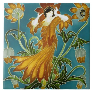 Walter Crane Orange Tulpe Art Nouveau Floral Fliese