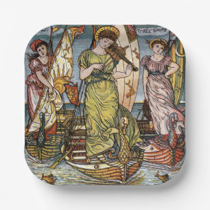 Walter Crane Schiffe, elegante Damen, Jugendstil Pappteller