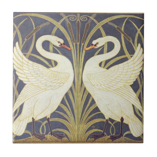 Walter Crane Swan, Rush and Iris Art Nouveau Fliese (Vorderseite)