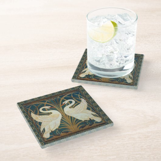 Walter Crane Swan, Rush and Iris Art Nouveau Glasuntersetzer (Schrägansicht)