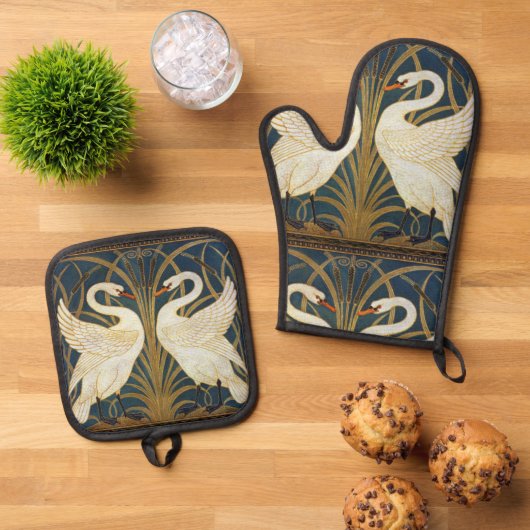 Walter Crane - Swan, Rush and Iris Art Nouveau Ofenhandschuh & Topflappen-Set (Oben Unten)