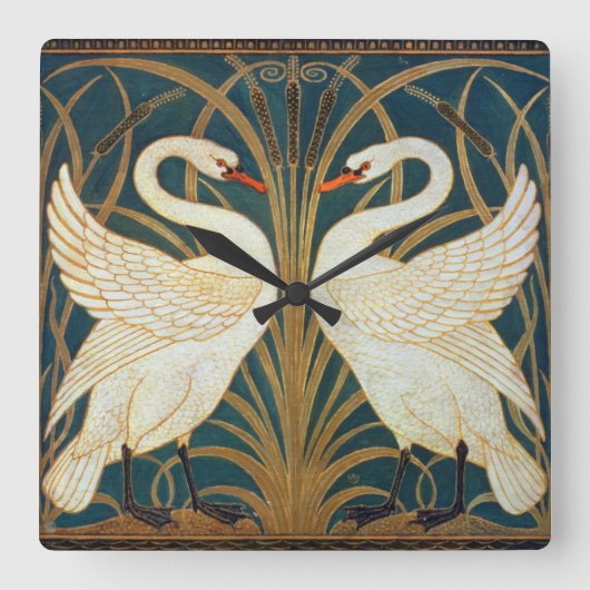 Walter Crane Swan, Rush and Iris Art Nouveau Quadratische Wanduhr (Vorderseite)