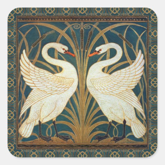Walter Crane Swan, Rush and Iris Art Nouveau Quadratischer Aufkleber (Vorderseite)