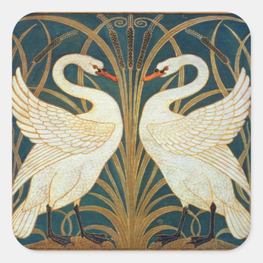 Walter Crane Swan, Rush and Iris Art Nouveau Quadratischer Aufkleber (Vorderseite)