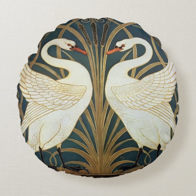 Walter Crane Swan, Rush and Iris Art Nouveau Rundes Kissen (Vorderseite)