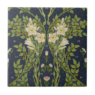 Walter Crane Vintage Navy Weißes Lilienmuster Fliese