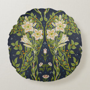 Walter Crane Vintage Navy Weißes Lilienmuster Rundes Kissen