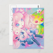 Wamono japanisches Mädchen mit Kawaii Kätzchen Postkarte (Vorne/Hinten)