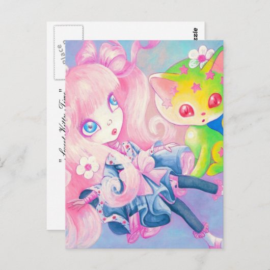 Wamono japanisches Mädchen mit Kawaii Kätzchen Postkarte (Vorne/Hinten)