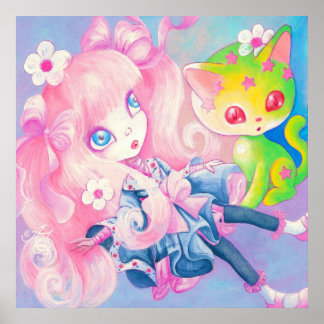 Wamono Japanisches Mädchen mit Kawaii Kitten ~ Poster