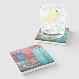 Wand, Tür und Fenster sind rot, blau und grau Steinuntersetzer