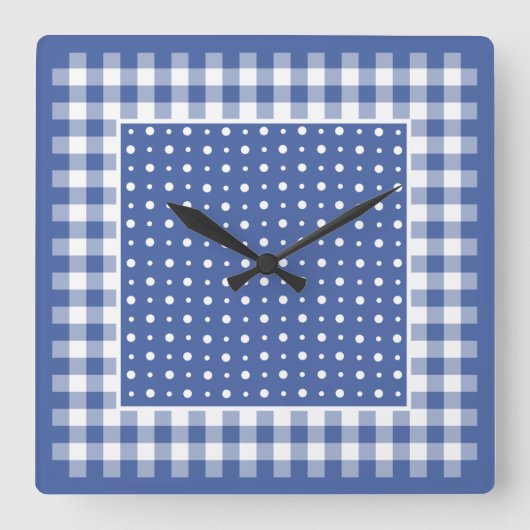 Wand-Uhr, dunkelblaue Polka-Punkte, Karo-Gingham Quadratische Wanduhr (Vorderseite)