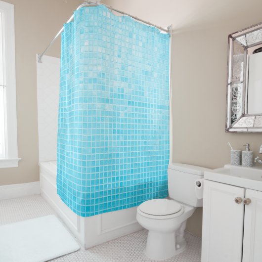 Wand- und Fußbodenfliesen aus blauer Keramik, abst Duschvorhang (Beispiel)