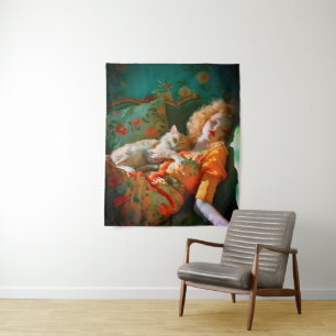 Wandbild im Vintage-Stil: Frau und Katze – Romanti Wandteppich