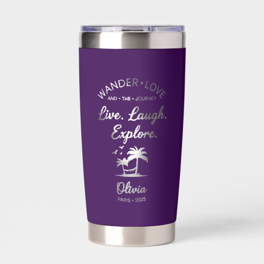 Wander Liebe, Live Laugh Explore, Lila Isoliert Thermobecher (Vorderseite)