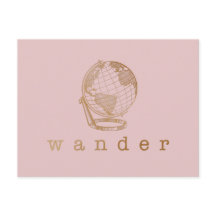Wander-Reise-Zitat und Globus in Rosa und Gold
