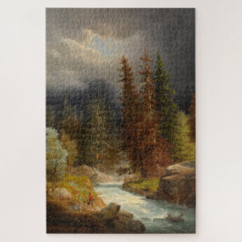 Wanderer an einem sintflutartigen Fluss in einem d Puzzle