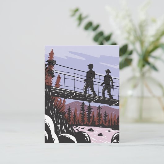 Wanderer auf der Swinging Bridge in Yosemite WPA Postkarte (Stehend Vorderseite)