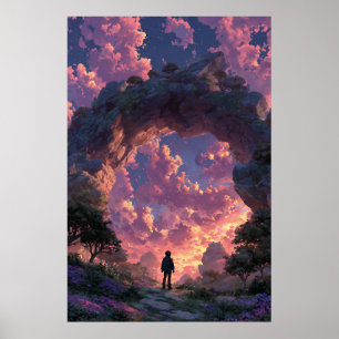 Wanderer beim Sonnenuntergangs-Torbogen Fantasy-La Poster