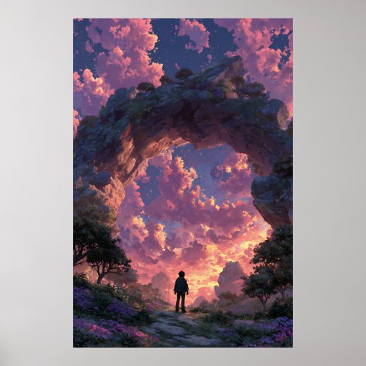 Wanderer beim Sonnenuntergangs-Torbogen Fantasy-La Poster (Vorne)