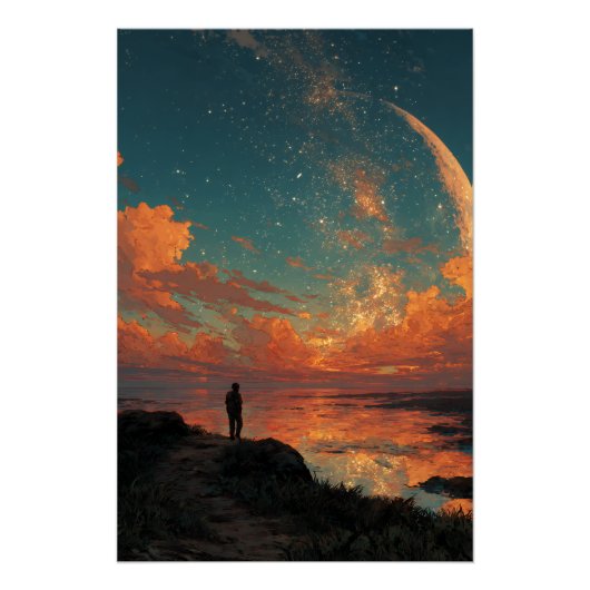 Wanderer Under Giant Crescent Moon Poster (Vorderseite)