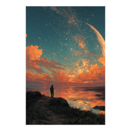 Wanderer unter riesigem Halbmond Fotodruck