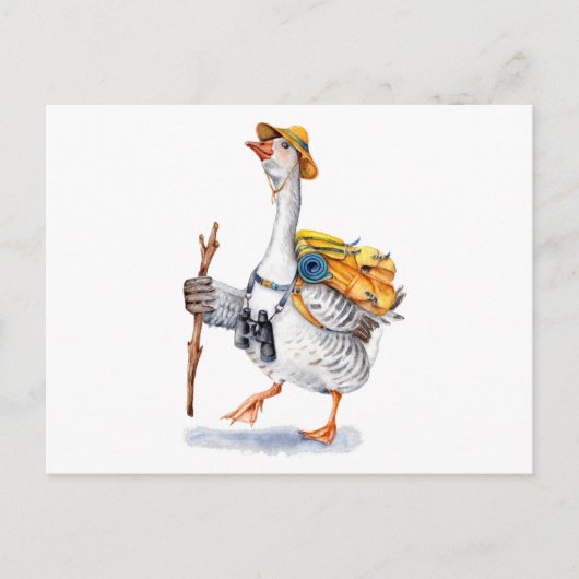 Wandergans mit Rucksack und Binokularfilm Postkarte (Vorderseite)