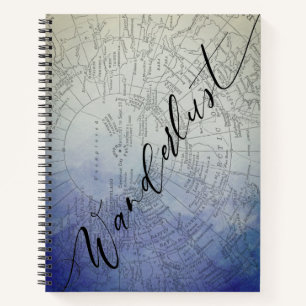 Wanderlust Blue Ombre-Wasserfarbe Vintage-Weltkart Notizblock