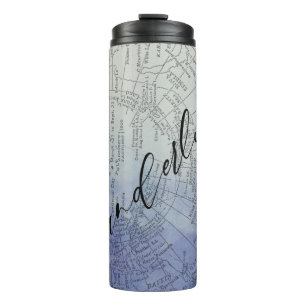 Wanderlust Blue Ombre-Wasserfarbe Vintage-Weltkart Thermosbecher