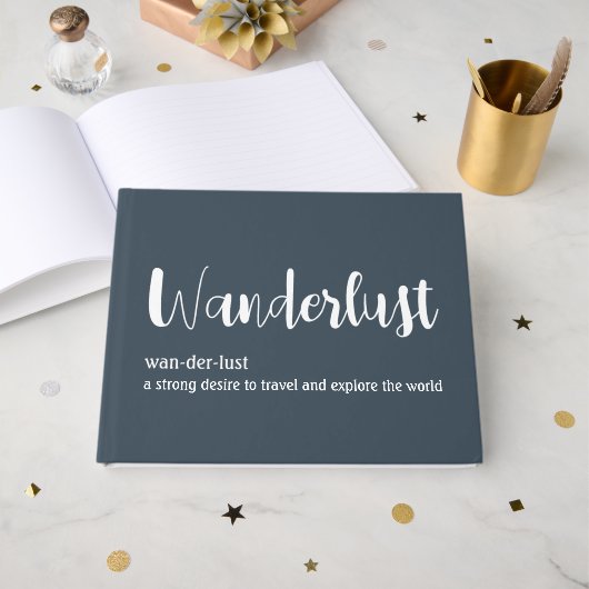 Wanderlust-Definition weiß, grau Gästebuch (Vorderseite Offen)