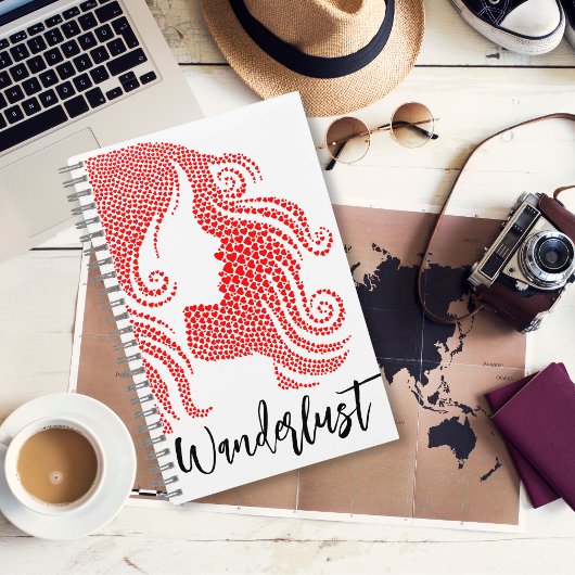 Wanderlust Girl's Silhouette in Rotem Herzen Notizblock