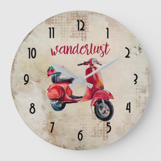 Wanderlust - Red Watercolor Moped Große Wanduhr (Vorderseite)