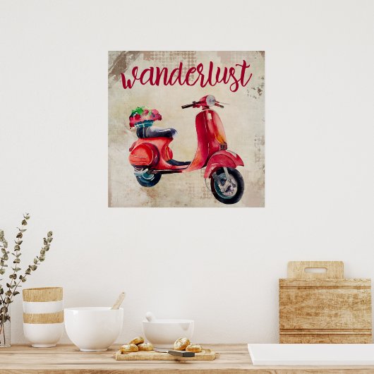 Wanderlust - Red Watercolor Moped Poster (Küche)