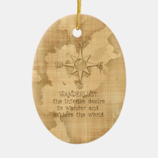 "Wanderlust…" Reisendes Zitat auf Vintagem Papier Keramikornament (Vorne)