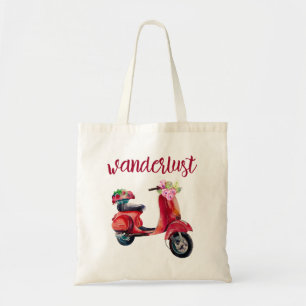 Wanderlust - Rotes Wasserfarben-Moped mit Blumen Tragetasche