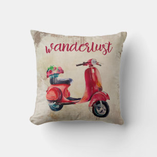 Wanderlust - Rotes Wasserfarben-Motorroller Vint Kissen