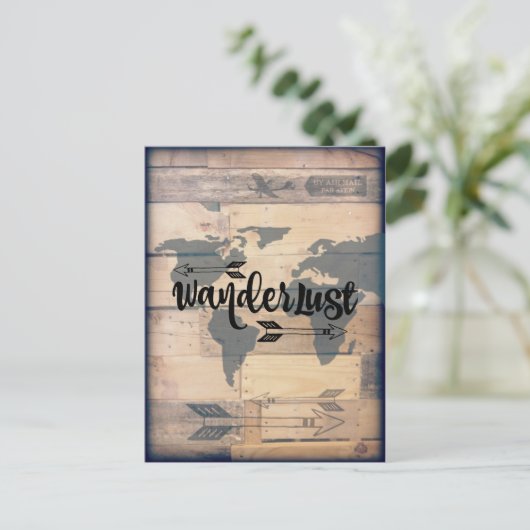 Wanderlust Rustic Wood Travel Postcard Postkarte (Stehend Vorderseite)