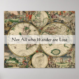 Wanderlust zitieren nicht alle, die antike Karte w Poster