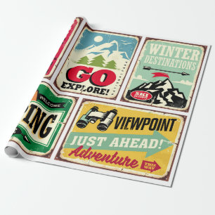 Wandern und Camping Retro-Schilder Sammlung. Outdo Geschenkpapier