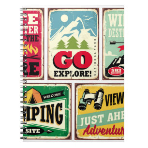 Wandern und Camping Retro-Schilder Sammlung. Outdo Notizblock