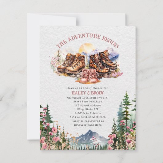 Wanderschuhe Adventure Pink Girl Baby Dusche Einladung (Vorderseite)