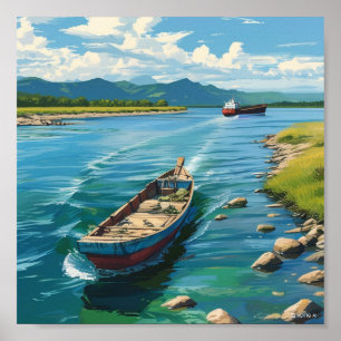 Wandmalerei eines Schiffes im Meer und eines Schif Poster