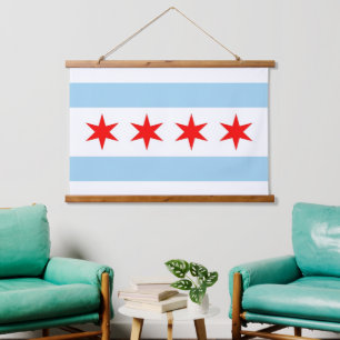 Wandtapeten mit Fahne von Chicago City, USA. Wandteppich Mit Holzrahmen