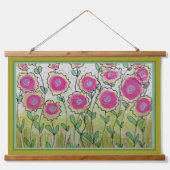 Wandteppich - Rosa Blumen Grüne Blätter Mit Holzrahmen (Vorne)