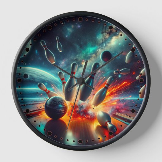 Wanduhr Bowling im Weltraum - es knallt heftig (Vorderseite)