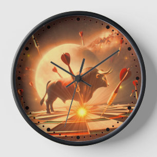 Wanduhr mit Dartscheibe und Stier im Weltall