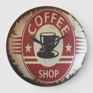 Wanduhr mit Kaffeeshoplogo in Rot und Schwarz