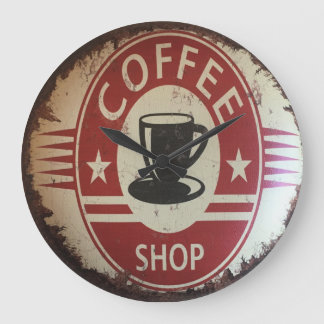 Wanduhr mit Kaffeeshoplogo in Rot und Schwarz