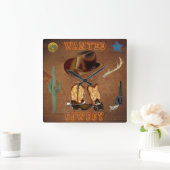 Wanted Cowboy boots hat gun cactus western Quadratische Wanduhr (Zuhause)