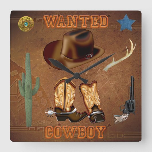 Wanted Cowboy boots hat gun cactus western Quadratische Wanduhr (Vorderseite)